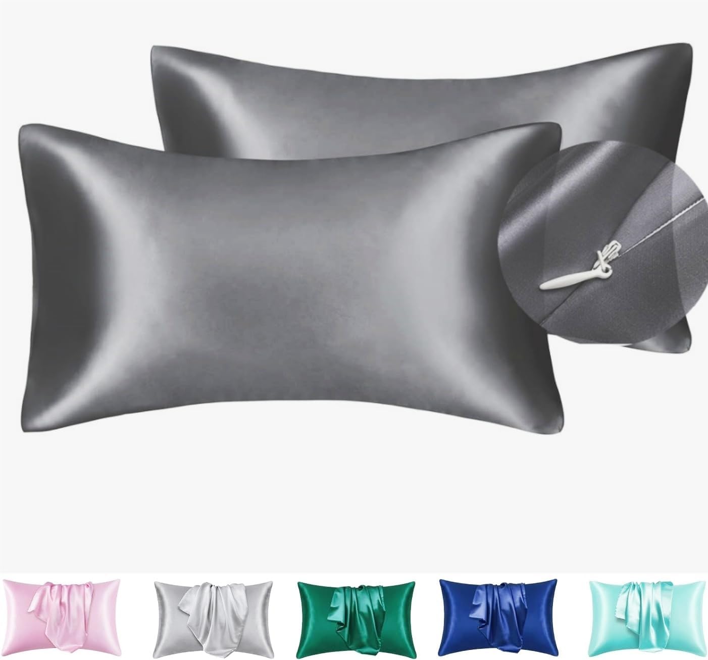 Juwenin Bedding,Luxury Satin Pillowcase with Zipper (Silky Satin Pillow Case for Hair) Set of 2 (Dark Grey, Queen(20''x29''))