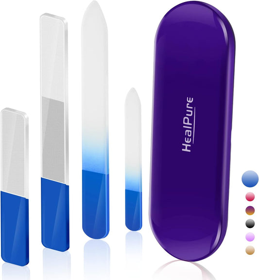 Glass Nail File and Nail Shiner, 4PC Crystal Nail File and Nano Glass Nail Buffer, Premium Set with Case, Professional Manicure Tool Fingernail Czech File for Natural Nail, Gift for Women and Girls