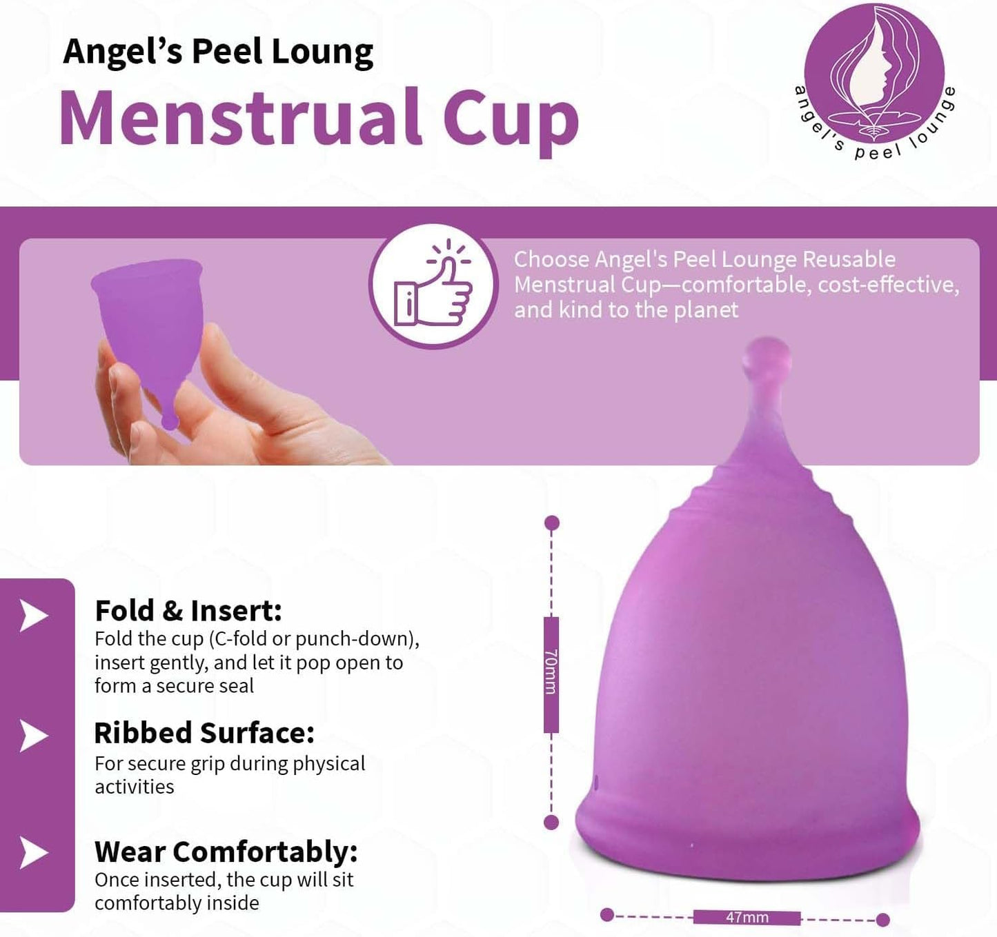 Angel's Peel Lounge Menstrual Cup for Women - 100% Medical-Grade Leak-Free Soft & Flexible Silicone Cup - 12 Hour Leak Protection Eco-Friendly & Reusable Period Cups for Women - Purple - Large