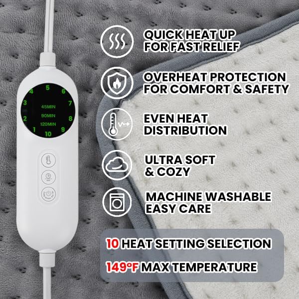 Heating Pad for Neck and Shoulders and Back - 12x24 Inch Electric Heating Pad Period Cramps & Back Pain Relief, 10 Heat Setting, Soft Machine Wash Fabric, Auto-Off & Moist Heat - Gifts for Women & Men