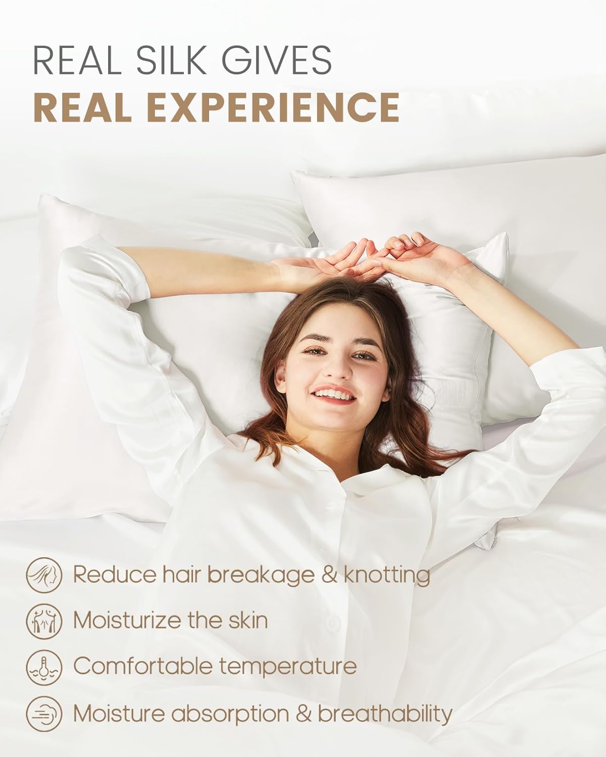 THXSILK Set of 2 100% Pure Mulberry Silk Pillowcase for Hair and Skin, Highest 6A+ Grade Mulberry Silk Pillow Case Standard Size, Real Silk Pillowcase with Zipper (White, Standard)