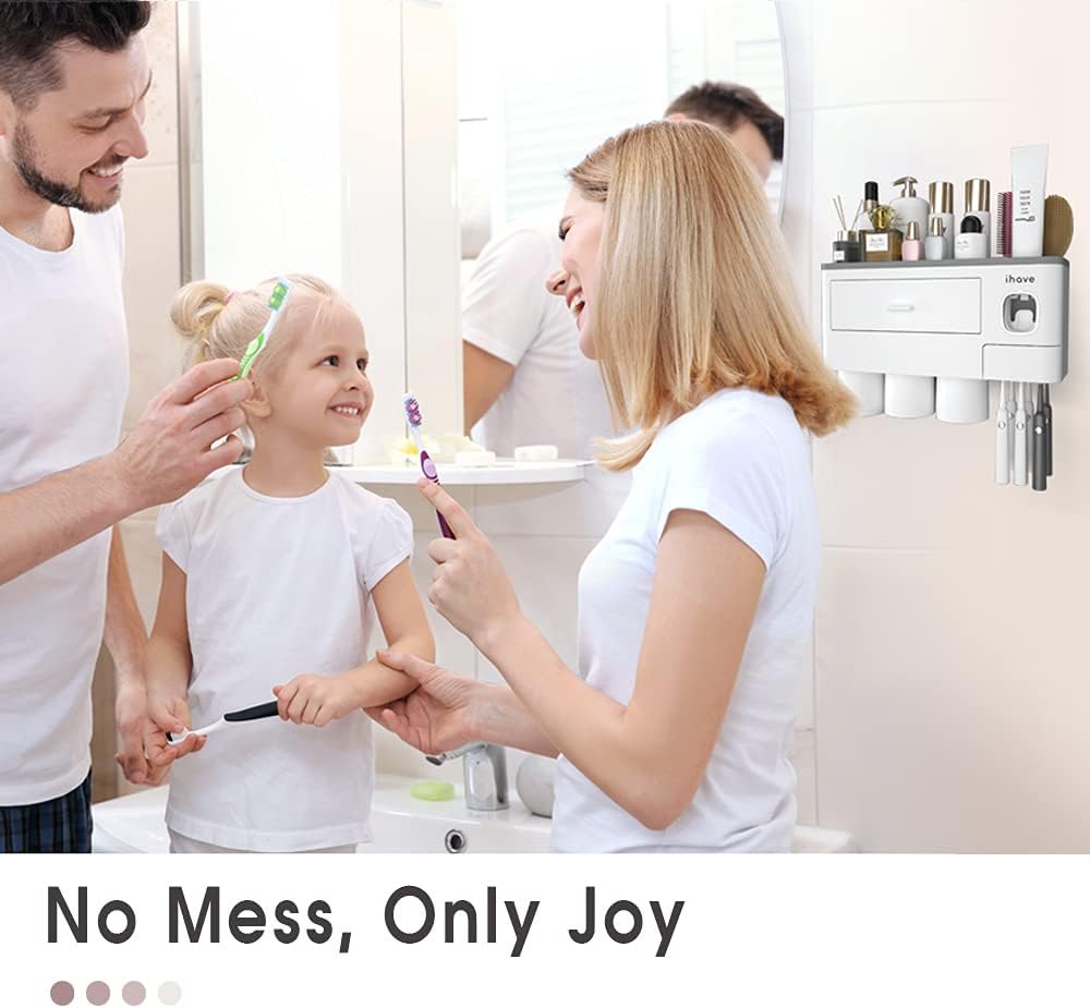 iHave Toothbrush Holders for Bathrooms, 3 Cups Toothbrush Holder Wall Mounted with Toothpaste Dispenser - Large Capacity Tray, Cosmetic Drawer - Bathroom Accessories & Bathroom Organization Storage