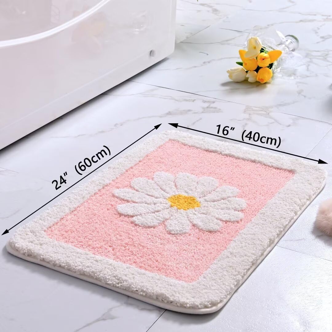 Fluffy Soft Superfine Fiber Bath Rugs, White Flower - Non Slip, Machine Wash, Plush Mat for Bathroom & Shower Room (16" 24", Pink)