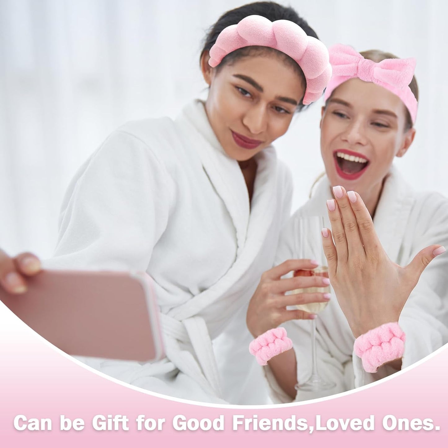 Zkptops 6Pcs Spa Headband for Washing Face Wristbands Set Women Bubble Skincare Makeup Sponge Terry Cloth Padded Puffy Headband Bow Tie Hairband Cute Non Slip Thick Hair Accessory Gifts(Pink)