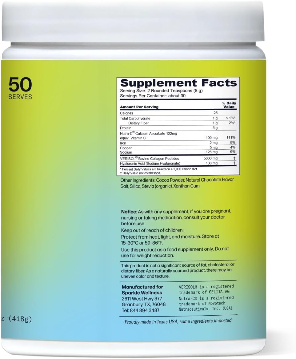 Sparkle Wellness VERISOL Bioactive Hydrolyzed Collagen Peptides | Collagen Powder Supplement with Vitamin C & Hyaluronic Acid for Hair, Skin, and Nail Health | Skin Boost Plus (Chocolate) [50-Serves]