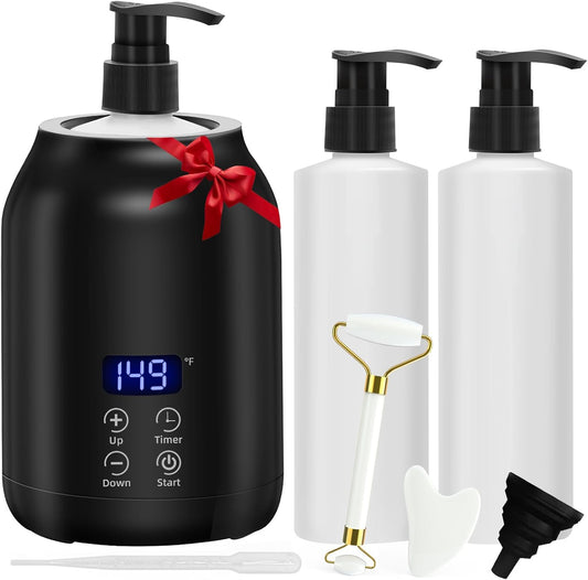 Massage Oil Warmer with Gua Sha Roller Set, Yofuly Professional Oil Warmer for Massage with Two Dispenser Bottles, Portable Electric Temperature Control Lotion Digital Heater for Spa, Black