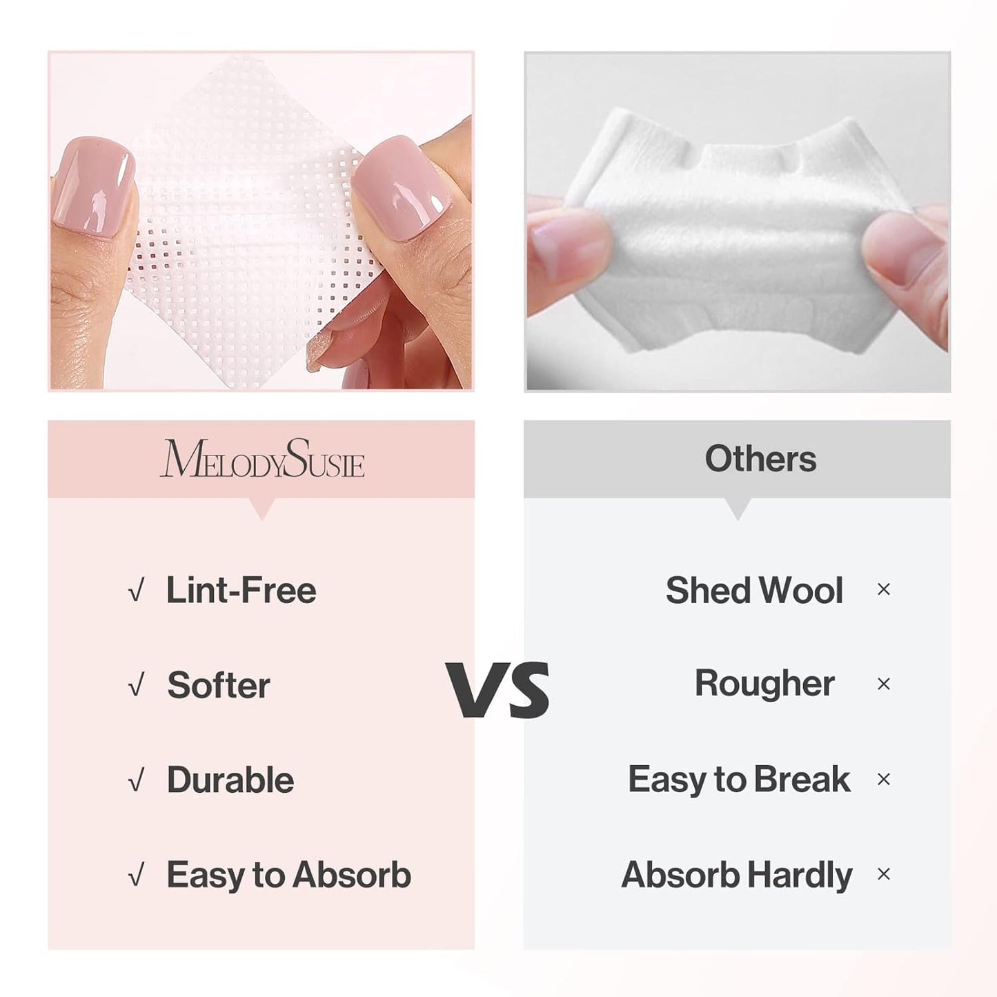 MelodySusie 600Pcs Lint Free Nail White Wipes Super Absorbent Soft Non-Woven for Fingernail Polish Remover and Eyelash Extension Wipes for Nail Art