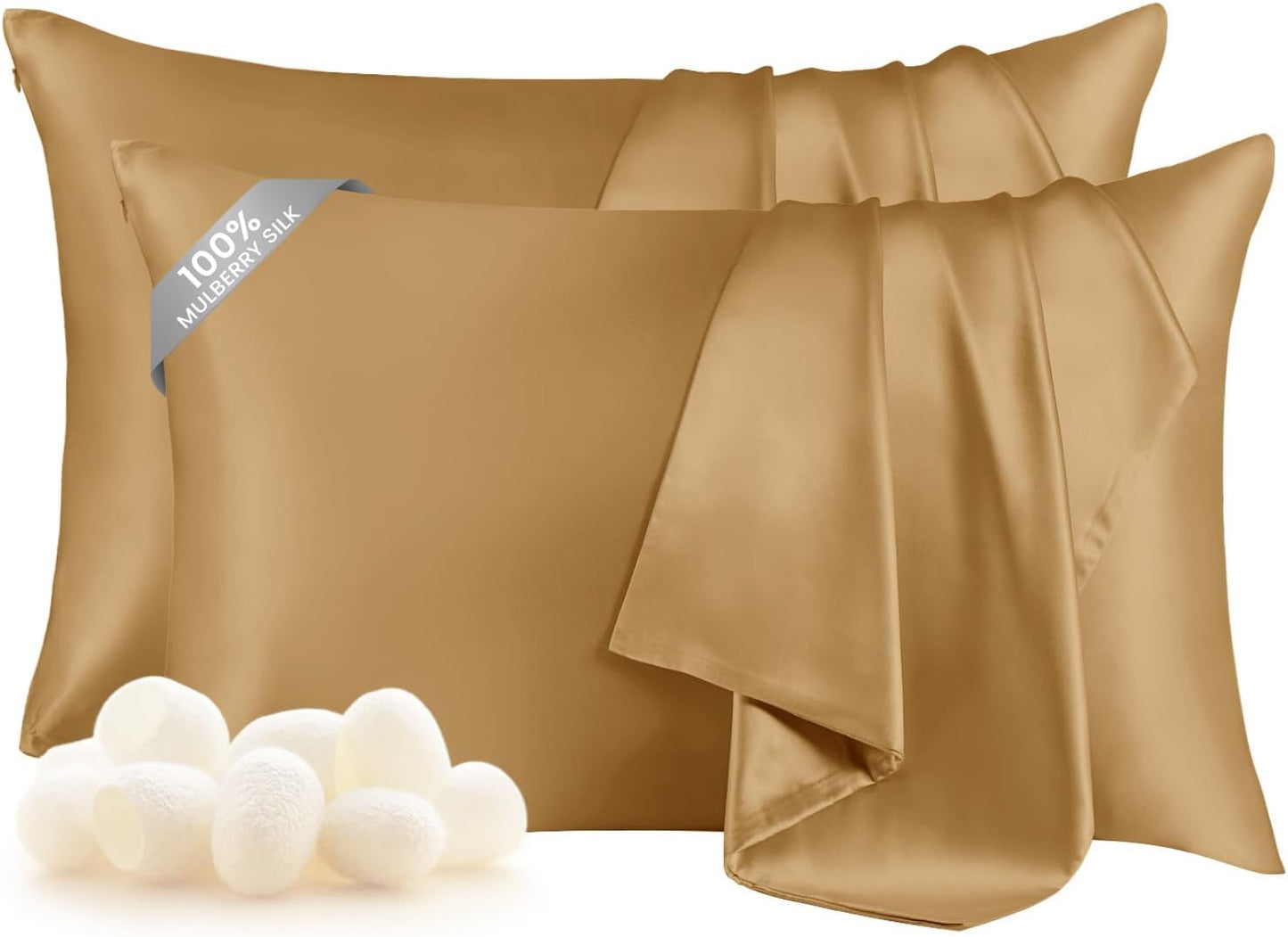 THXSILK Set of 2 Mulberry Silk Pillowcase for Hair and Skin, 100% Mulberry Silk Bed Pillowcase with Zipper, Soft Breathable Silk Pillow Case, King Size 20"x36" (Metallic Gold)