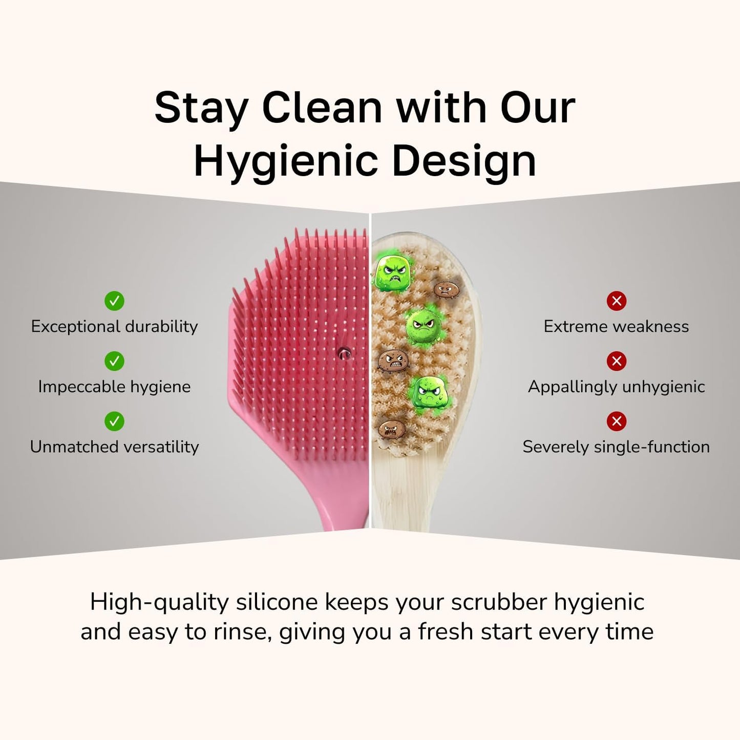 Silicone Back Scrubber with Long Handle - Octagon Body Brush for Shower, Bath, and Exfoliating - Skin Cleansing, Back Scrub and Gentle Silicone Sponge - Wash Your Body with Easy Reach - Rose