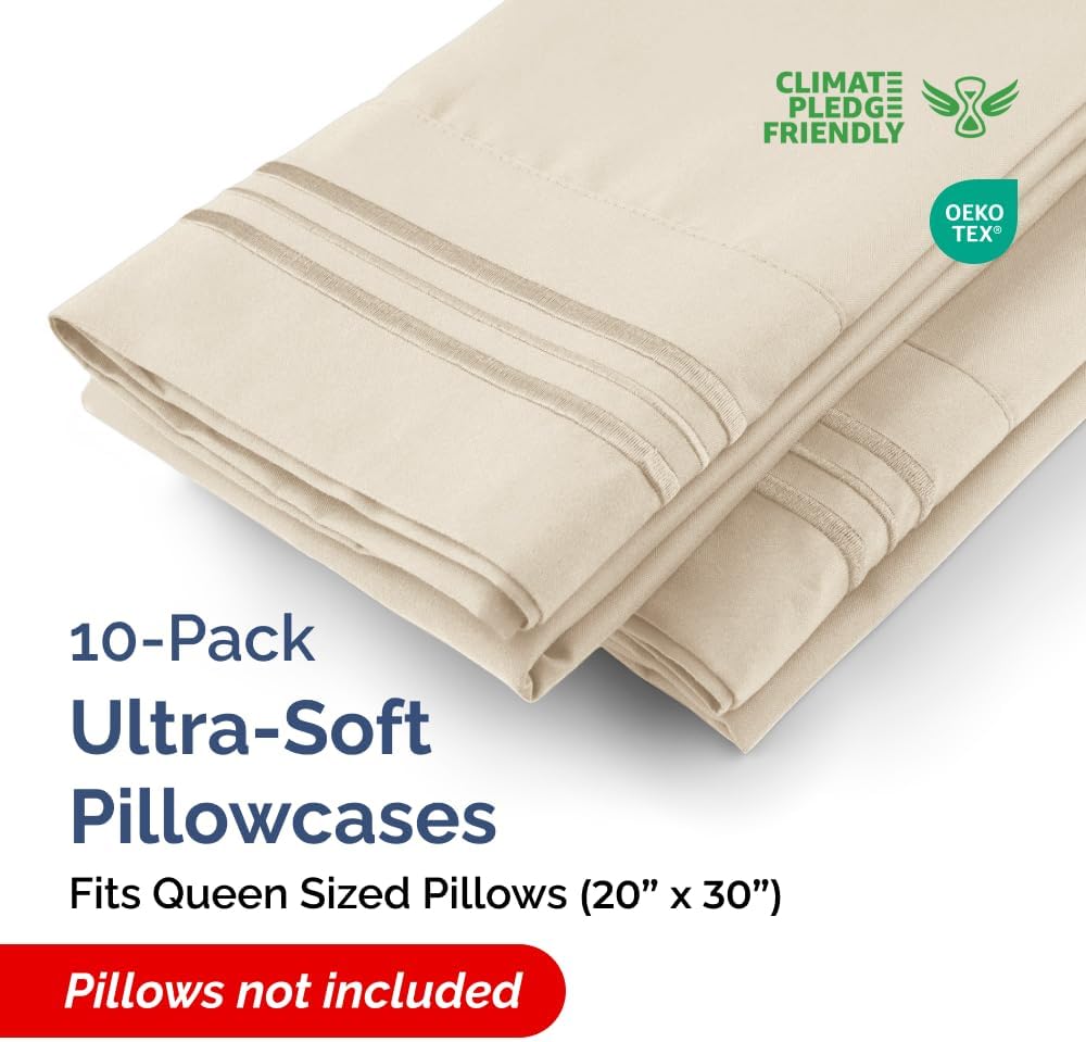 Queen Pillow Cases Set of 10 - Ultra Soft Hotel Quality Pillowcase Covers - Comfy & Wrinkle Free - Shrink, Stain and Fade Resistant - Easy-Care, Machine Washable Pillow Protectors - 10 Pcs Set - Wheat