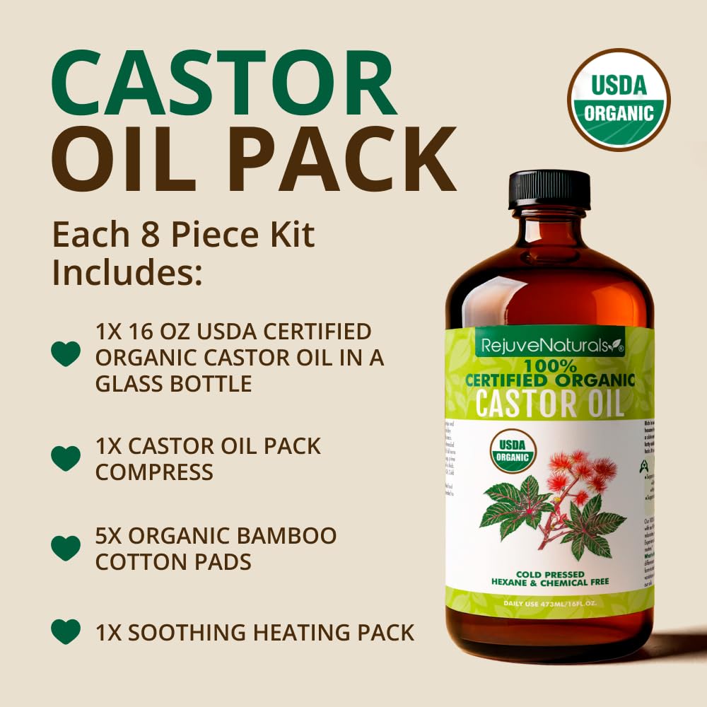 Castor Oil Pack - 8 Piece Complete Kit. Includes 16oz Glass Bottle of Organic Castor Oil, Easy to use Organic Cotton Compress with Adjustable Fit, 5 Soft Cotton Pads & Soothing Heat Pack..