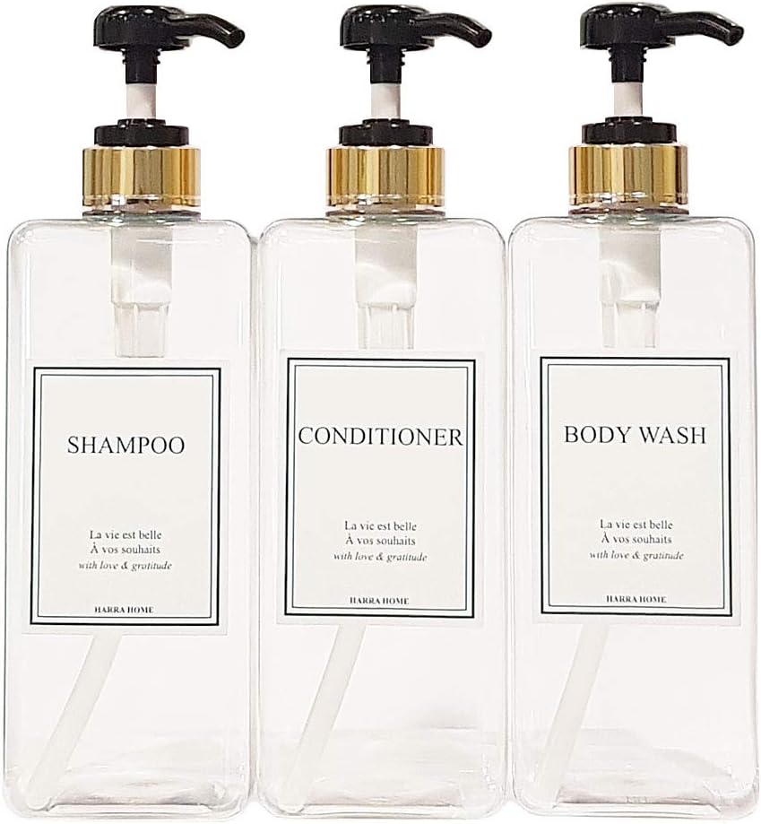 Modern Gold Design Large 27 oz Shampoo and Conditioner Dispensers - Empty Plastic Refillable Pump Bottle Set for Bathroom Shower Soap Dispenser, Set of 3 (Clear & Black)