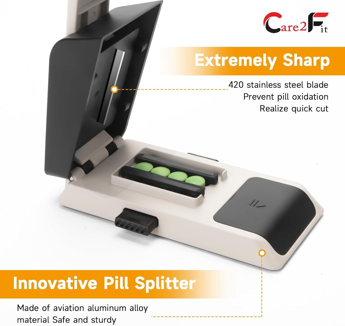 Auto Centering Pill Cutter Device, Pill Splitter Made of Aviation Aluminum Alloy with 402 Stainless Blade, Anti Cut Design,Ergonomic Operation Control,Designed in The USA (White)
