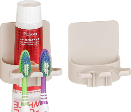 2 PCS Self-Adhesive Toothbrush Holders Wall Mounted, Water Proof Toothbrush Hook, 3 in 1 with Toothbrush Hanger Toothpaste Holder and Gargle Cup Holder for Bathroom Shower (Beige)