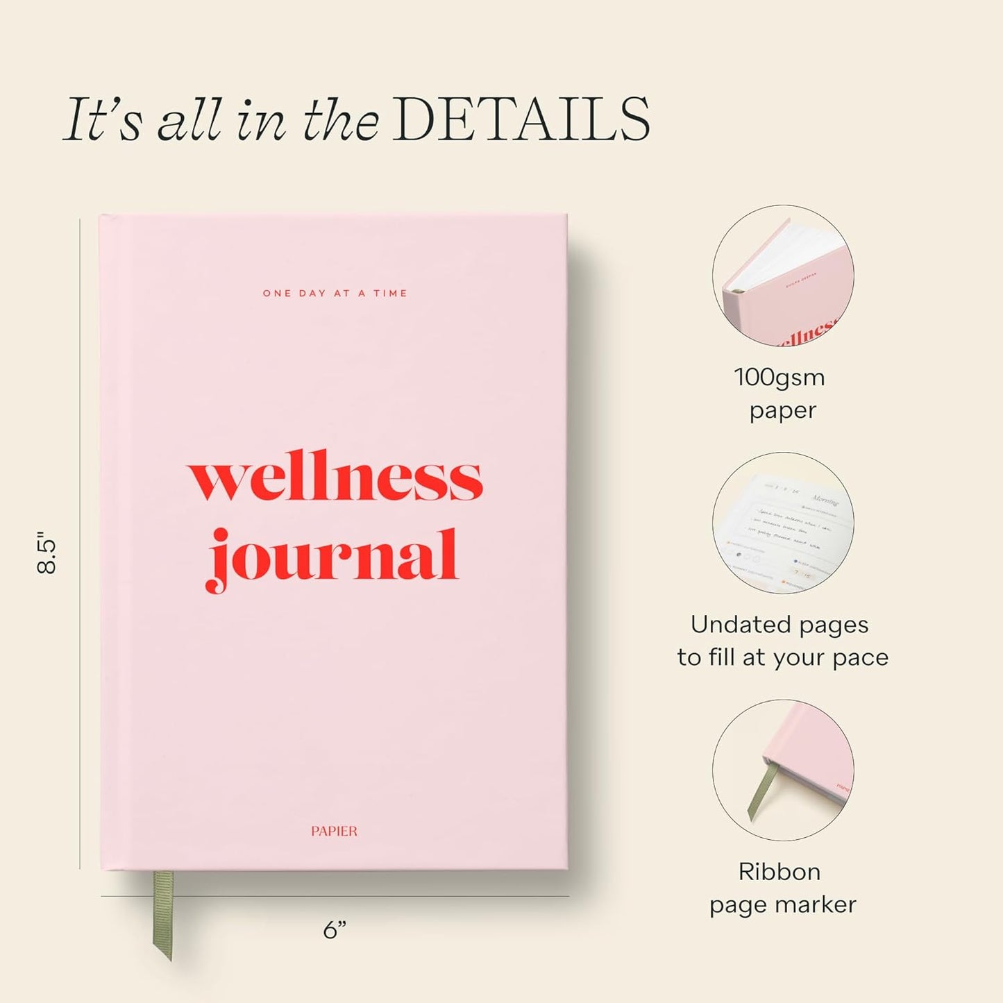 Papier Daily Wellness Journal Diary - Baby Pink, 8.46" L x 6.02" W | Hardback Cover Wellbeing, Gratitude & Mindset Diary for Personal Growth, Mindfulness & Reflection | Track Goals, Sleep & Lifestyle
