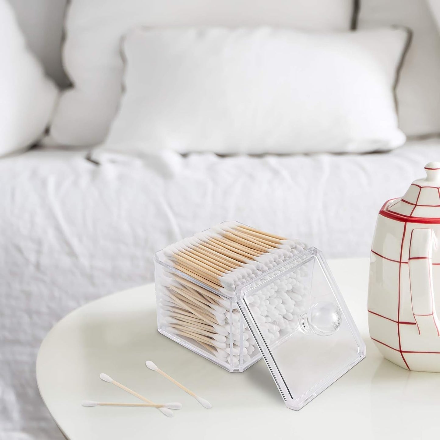 AXX Qtip Dispenser Apothecary Jars Bathroom - Qtip Holder Storage Canister Clear Plastic Jar for Cotton Swab,Q-Tips,Cotton Rounds (J#Clear 1Pcs)