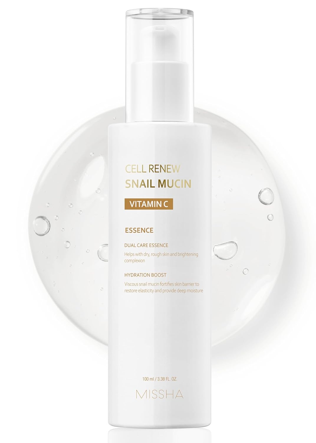 MISSHA Cell Renew Snail Mucin Vitamin C Essence Serum 3.38 Fl oz - Hydrating Korean Skincare for Glass Skin, Snail Mucin Serum for Improved Skin Texture & Complexion