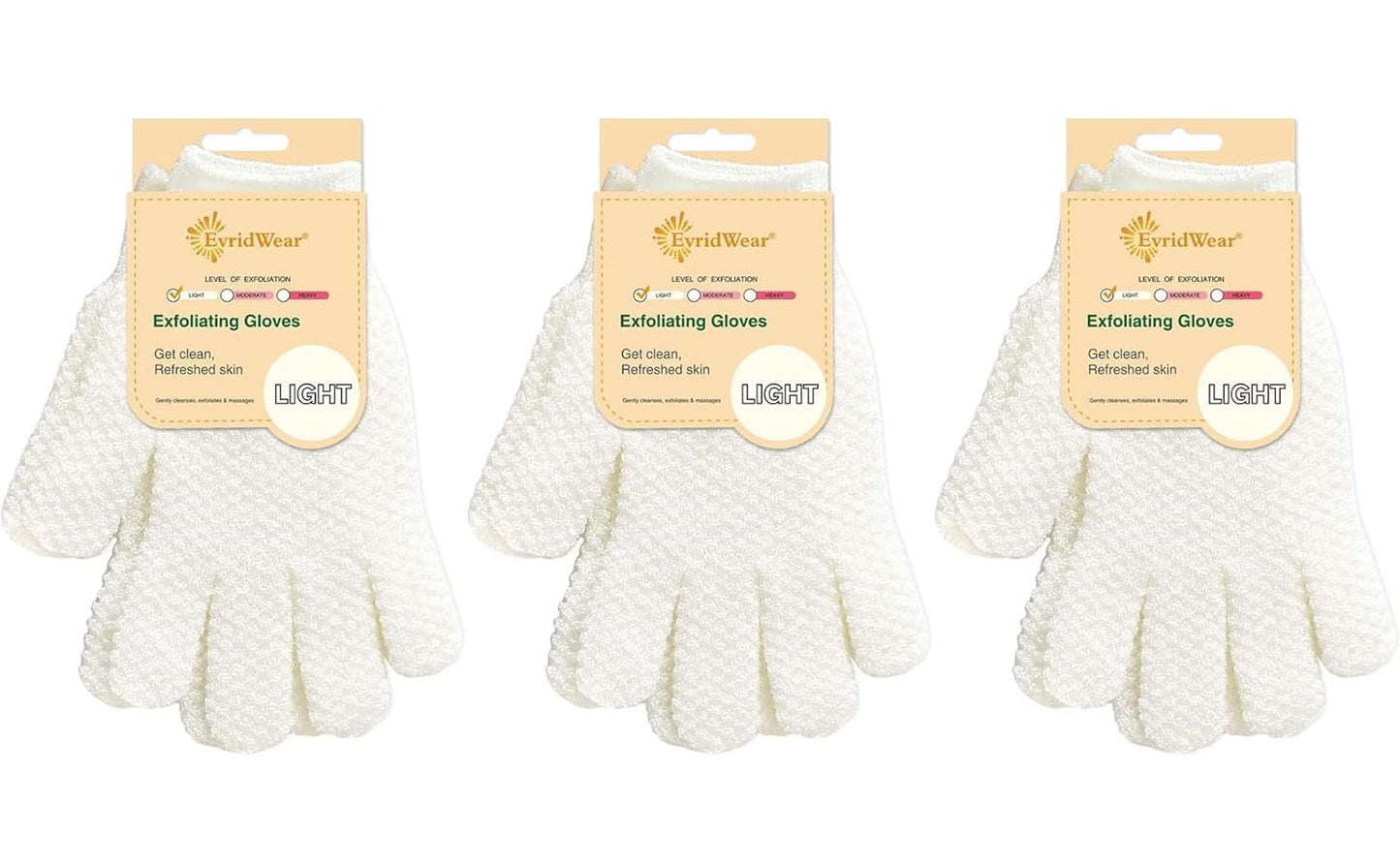 Evridwear Exfoliating Gloves for Shower, 100% Nylon Thick Soft Medium Heavy Bathing Gloves Dead Skin Remover Body Scrubber Smooth Skin with Hang Loop, 3 Pairs Light White