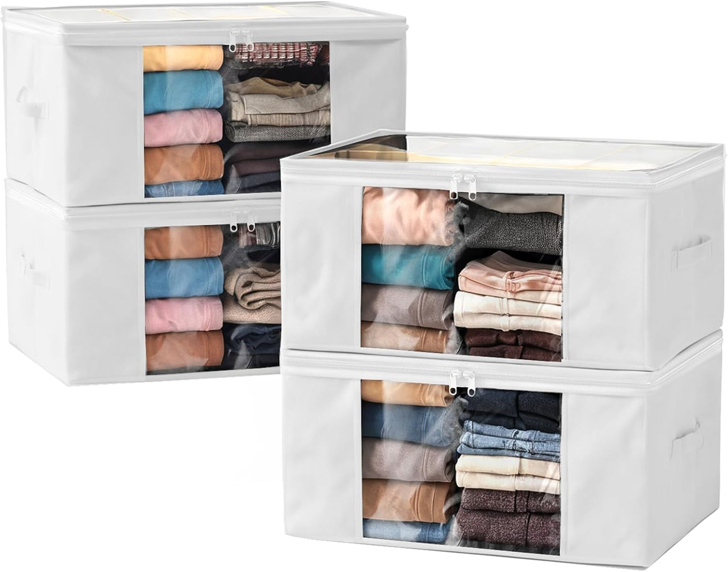 Clothes Storage Bags, Foldable Thick Fabric Blanket Storage Bags, Large Clear Window & Carry Handles, Great for Clothes, Blankets, Closets, Pillows, Toys (White, 4PACK)