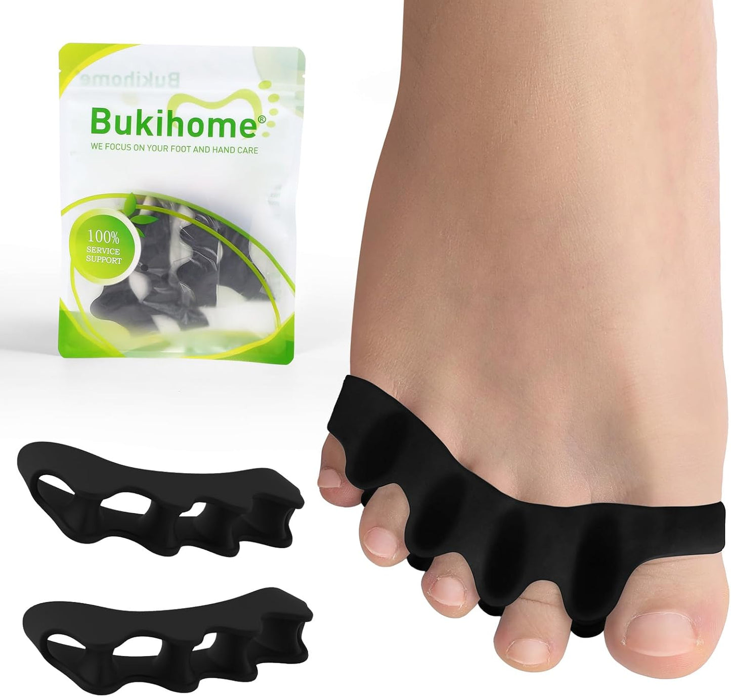 Bukihome Toe Separators, 4 Pair Soft Gel Toe Spacers to Correct Bunions, Toe Stretcher for Therapeutic Relief from Plantar Fasciitis, Claw Toes,Hammer Toes, Foot Pain for Women & Men (Black+M)