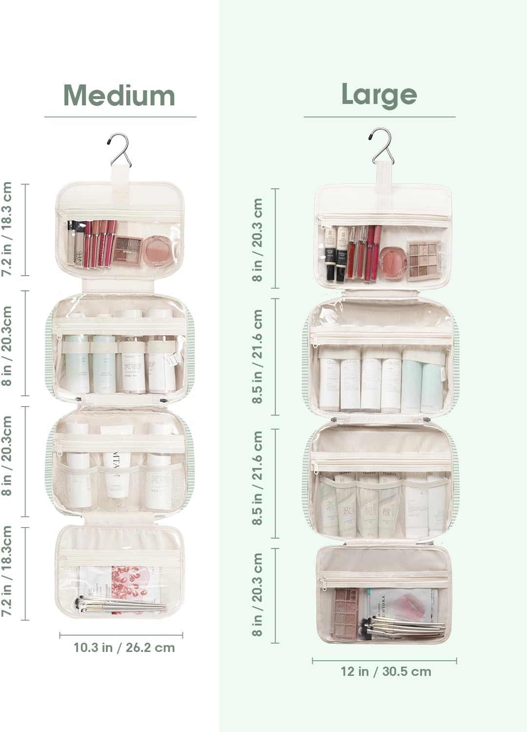 Narwey Striped Travel Toiletry Bag for Women Large Hanging Makeup Bag Organizer Toiletries Bag for Full Size Essentials Accessories Cosmetics (Mint Green Stripe (Large))