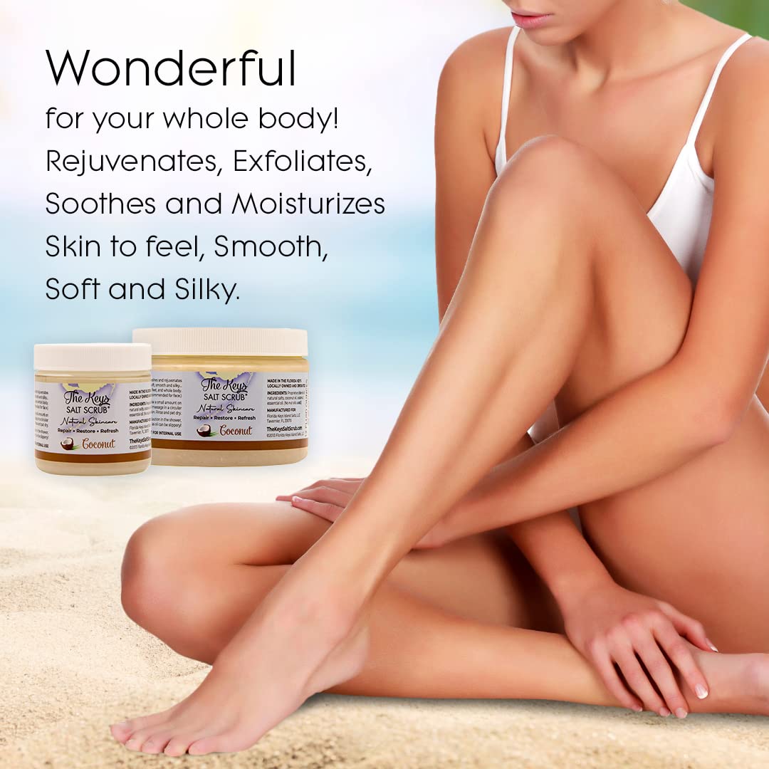 The Keys Salt Scrub -Sea Salt Scrub - Exfoliating Body Scrub with Wooden Spoon - Moisturizing Exfoliator for Hands, Foot, Bath, (12 Ounce (Pack of 1), Coconut)