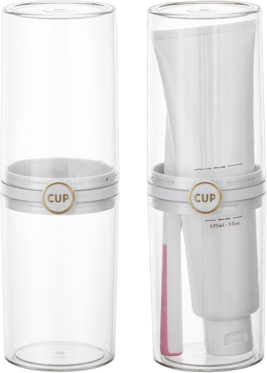 Yeeco Toothbrush Travel Case, 2 pcs Transparent Portable Toothbrush Cover with Mouthwash Cup, Plastic Cylindrical Tooth Brushing Holder for Home School Camping Travelling, 8.1 x 2.6 inches，Clear