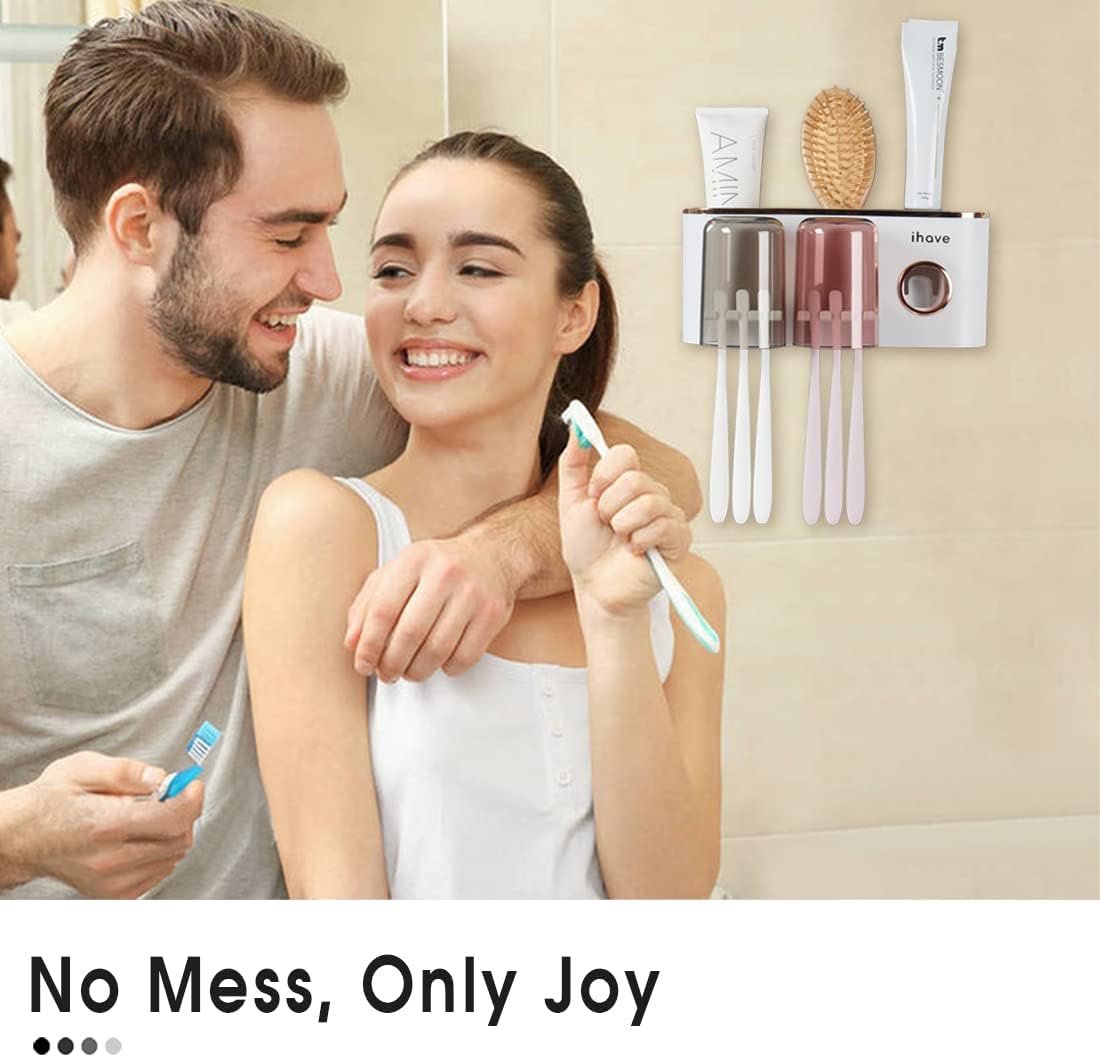 iHave Toothbrush Holders Bathroom Decor with Toothpaste Dispenser, 2 Cups Toothbrush Holder Wall Mounted Bathroom Accessories