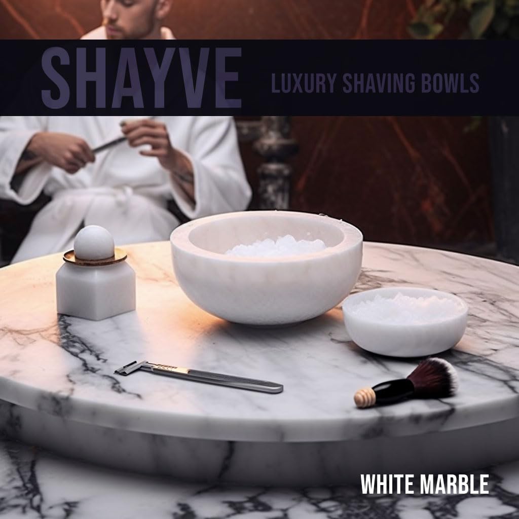 ShayVe Shaving Bowl for Shaving Soap & Cream — Marble Shave Bowl For Shaving Soap & Cream — Exquisite Heat Insulated Wet Shaving Kit Addition (White)
