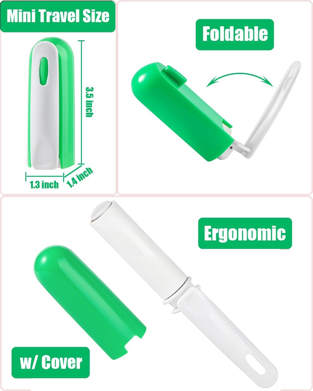 Travel Lint Roller for Clothes Reusable Mini Lint Remover and 4 Refills for Pet Hair Extra Sticky Total 150 Sheet Small Folding Lint Roller Portable in Pocket Purse Car (Green)