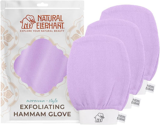 Natural Elephant Exfoliating Hammam Glove | Authentic Moroccan Kessa Body Scrub Mitt for Spa-Quality Skin Renewal | Lovely Lilac 3 Pack