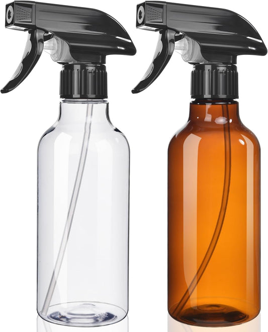 Spray Bottles 2-Pack, 10 Oz, Mist & Stream, Heavy Duty Spraying Empty Water Sprayer Bottle, BPA Free Plastic Refillable Containers for Cleaning Solutions, Plants, Hair, Essential Oils (Clear & Amber)