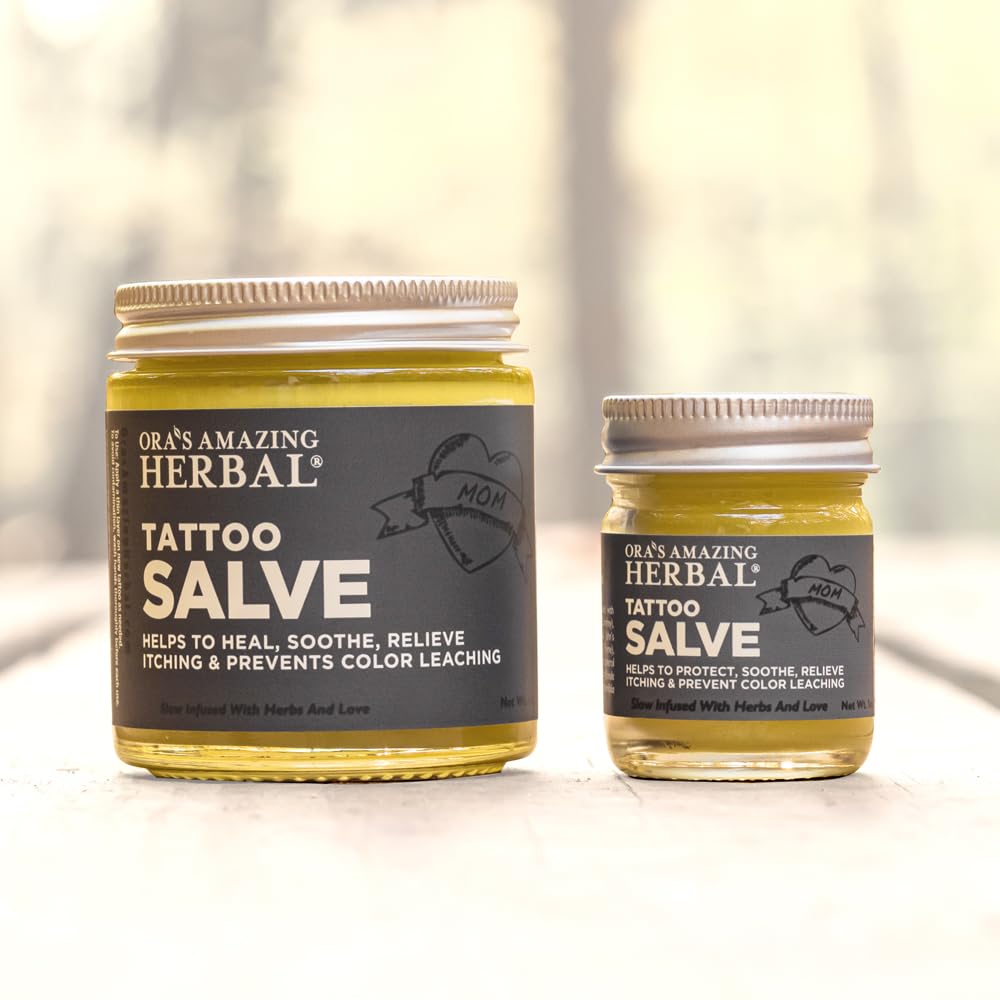 Ora's Amazing Herbal, Tattoo Salve, Tattoo Aftercare Balm| Color Enhancement for Old Ink | Itchy Relief Cream Ointment for New Tattoo| Paraben Free, Plastic Free| | Faster Healing | 1 and 4 oz set