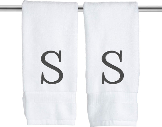 Dark Gray, Letter Hand Towel for Bathroom - Monogrammed Initial Hotel Quality Decorative Embroidered Towel for Powder Room, Spa - GOTS Organic Certified - Pack of 2, Letter S