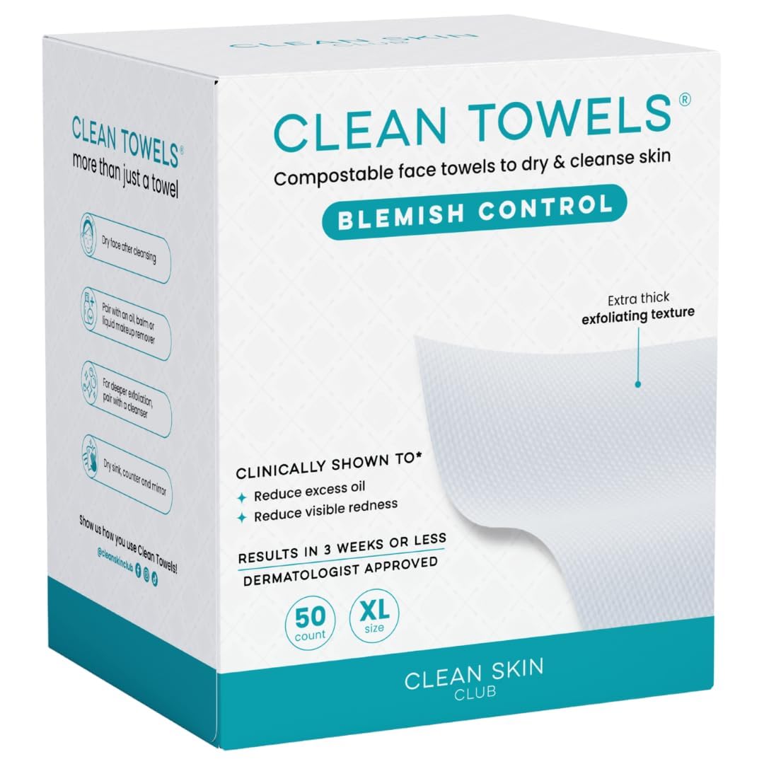 Clean Skin Club Blemish Control Clean Towels® XL, Compostable Face Towels, Light Exfoliation for Oily Skin, Eczema Association Accepted Disposable Face Towelette, Makeup Remover Dry Wipes, 50 count