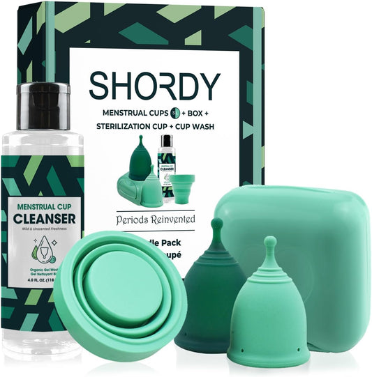 SHORDY Menstrual Cup Beginners Kit, Menstrual Cup PH Balanced Gel Cleaner Wash, Collapsible Sterilizer Cup and Silicone Period Cups (Small & Large), an Alternative to Tampons, Pads and Disc for Women