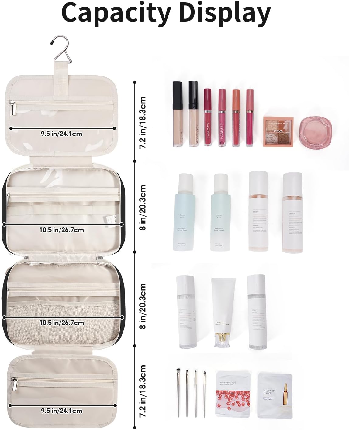 Narwey Hanging Toiletry Bag for Women Travel Makeup Bag Organizer Toiletries Bag for Travel Size Essentials Accessories Cosmetics (Black (Medium))