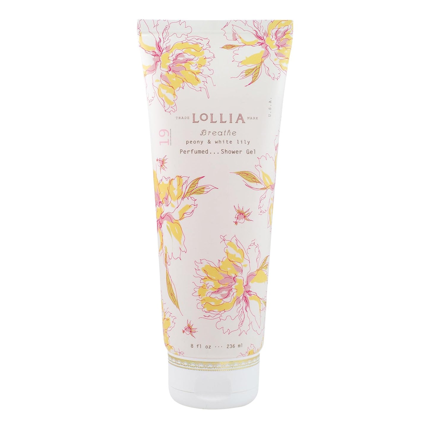 LOLLIA Breathe Shower Gel, 8 fl oz, Peony & White Lily, Luxury Shea Moisture Hydrating Women's Body Wash, Delicate & Relaxing Scented Bath Soap for Self Care
