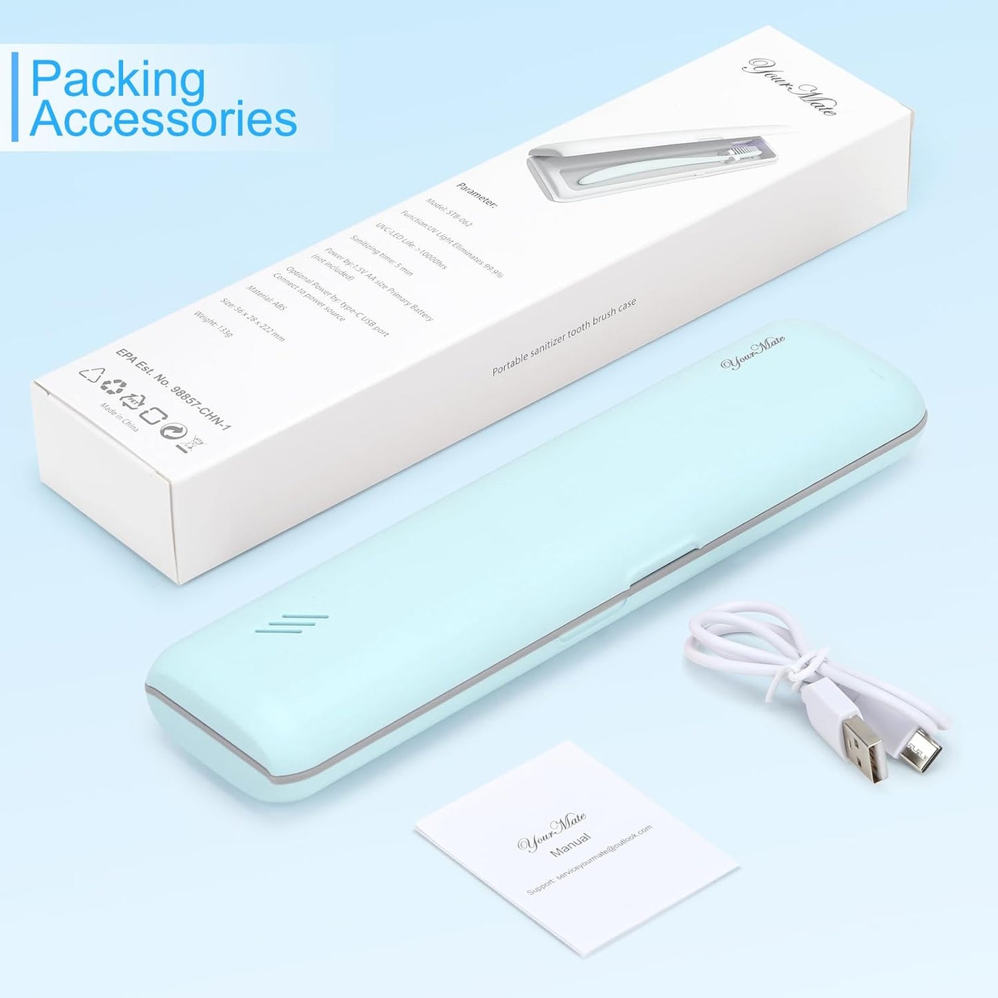 YourMate UVC Toothbrush Case Travel Toothbrush Covers Case for Houshold and Traveling Power by AA Battery or USB-C Blue