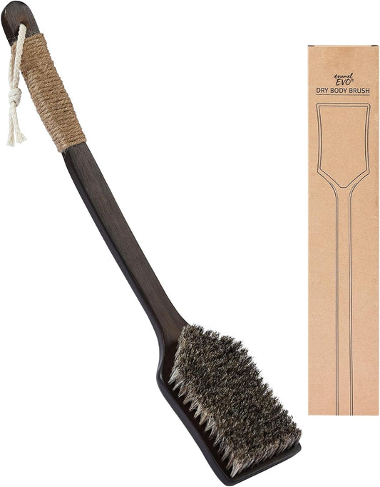 Back Scrubber Shower Brush,Dry Brushing Body Brush with 17.7 Inch Curved Long Handle, Natural Bristles for Lymphatic Drainage, Soft & Stiff Bristles Available (Medium-Soft Horsehair)