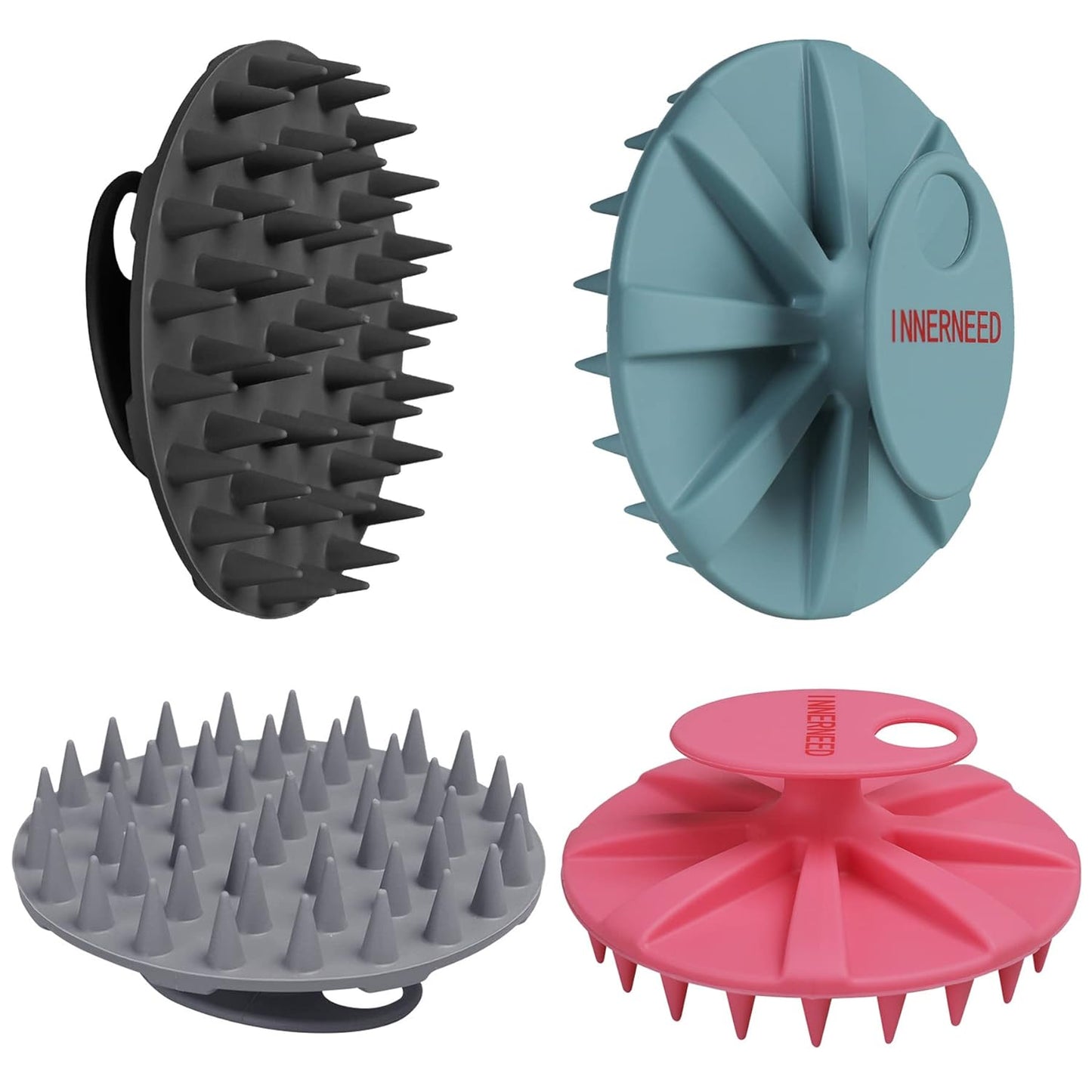 INNERNEED Scalp Massager Shampoo Brush, Wet & Dry Manual Scalp Care Head Scrubber Hair Washing, Soft Silicone Bristles, for Hair Growth, Dandruff Removal (Pack of 4)