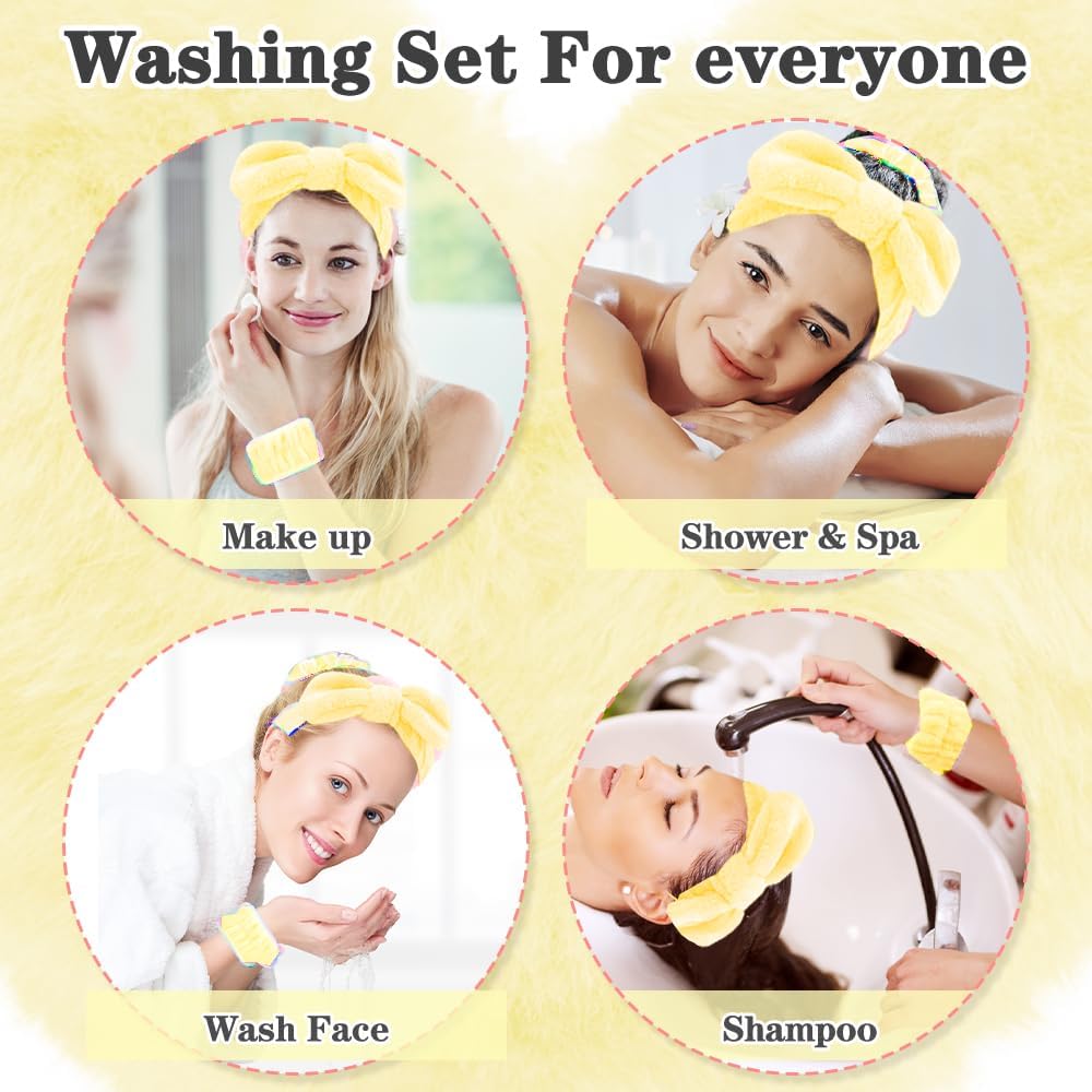 16pcs Skincare Headband Set, Headband Set for Face Washing Spa and Makeup, Including 1 Hairband, Wristband, 3 Hair Claw Clips and 10 Hair Ties, with Box, Gift for Women and Girls, Yellow