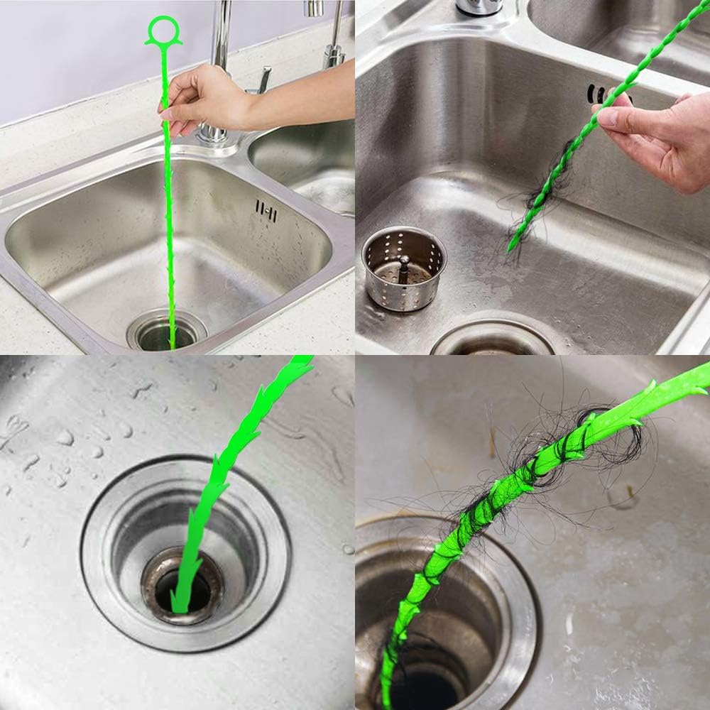 5 in 1 Compatible for Drain Snake Hair Drain with 5 Packs Drain Auger Clog Remover Cleaning Tool (Green)