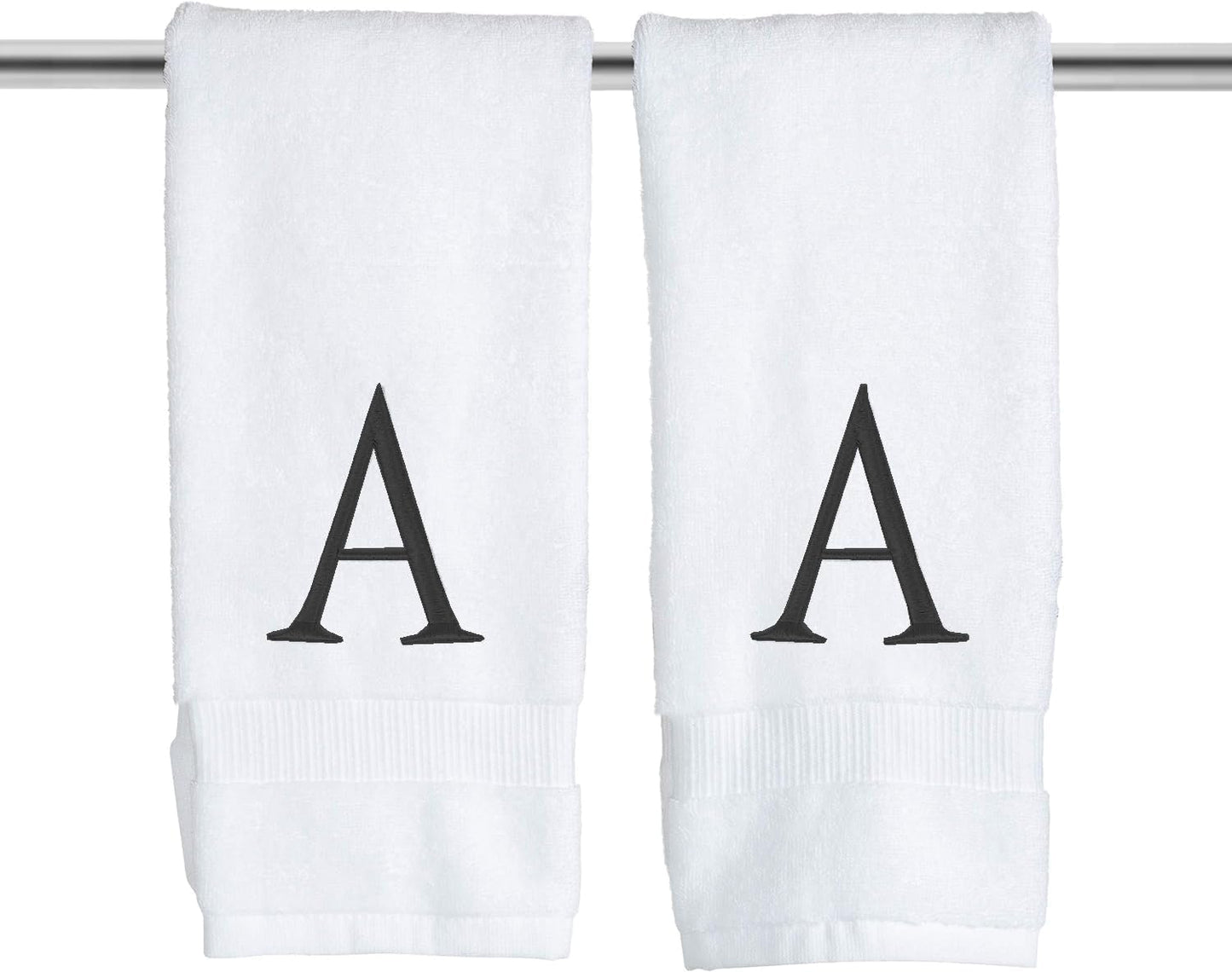 Black Monogrammed Bathroom Hand Towel - Black & White Luxury Hotel Quality Personalized Initial Decorative Embroidered Towel for Powder Room, Spa - GOTS Organic Certified - Set of 2 Letter A
