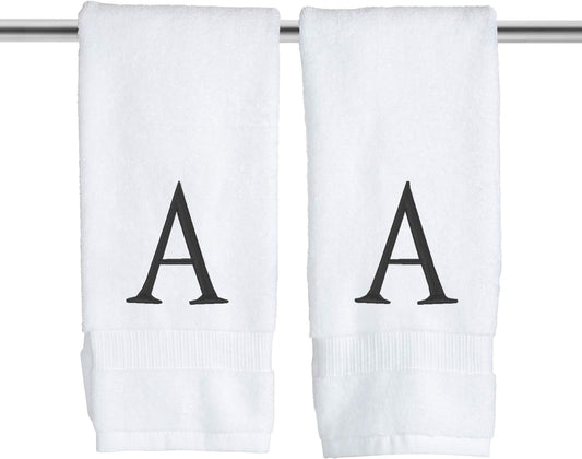 Black Monogrammed Bathroom Hand Towel - Black & White Luxury Hotel Quality Personalized Initial Decorative Embroidered Towel for Powder Room, Spa - GOTS Organic Certified - Set of 2 Letter A