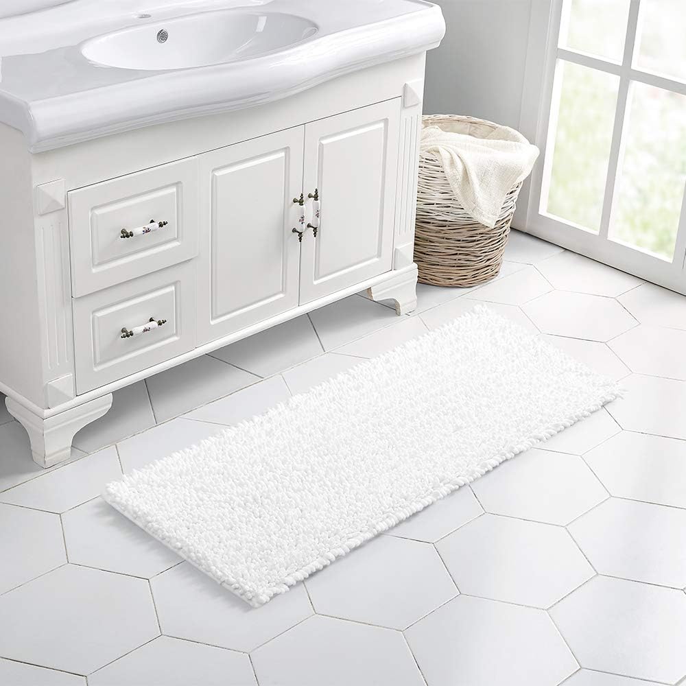 Walensee Bathroom Rug Non Slip Bath Mat (44x24 Inch White) Water Absorbent Super Soft Shaggy Chenille Machine Washable Dry Extra Thick Perfect Absorbant Best Large Plush Carpet for Shower Floor