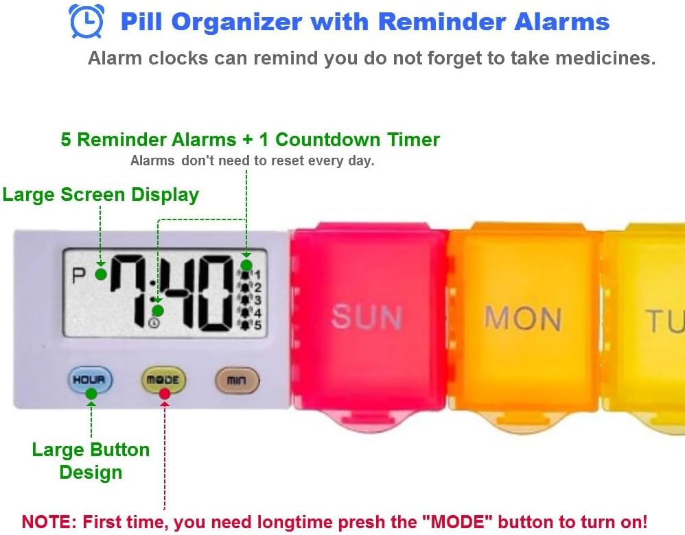 [4 in 1] 7 Day Medicine Pill Organizer+5 Reminder Alarms+Timer+Clock,Large Compartment,Loud Sound,Large Screen,Moisture-Proof,Dust-Proof,Travel Weekly/Daily Pill Box/Organizer/Case/Container/Dispenser
