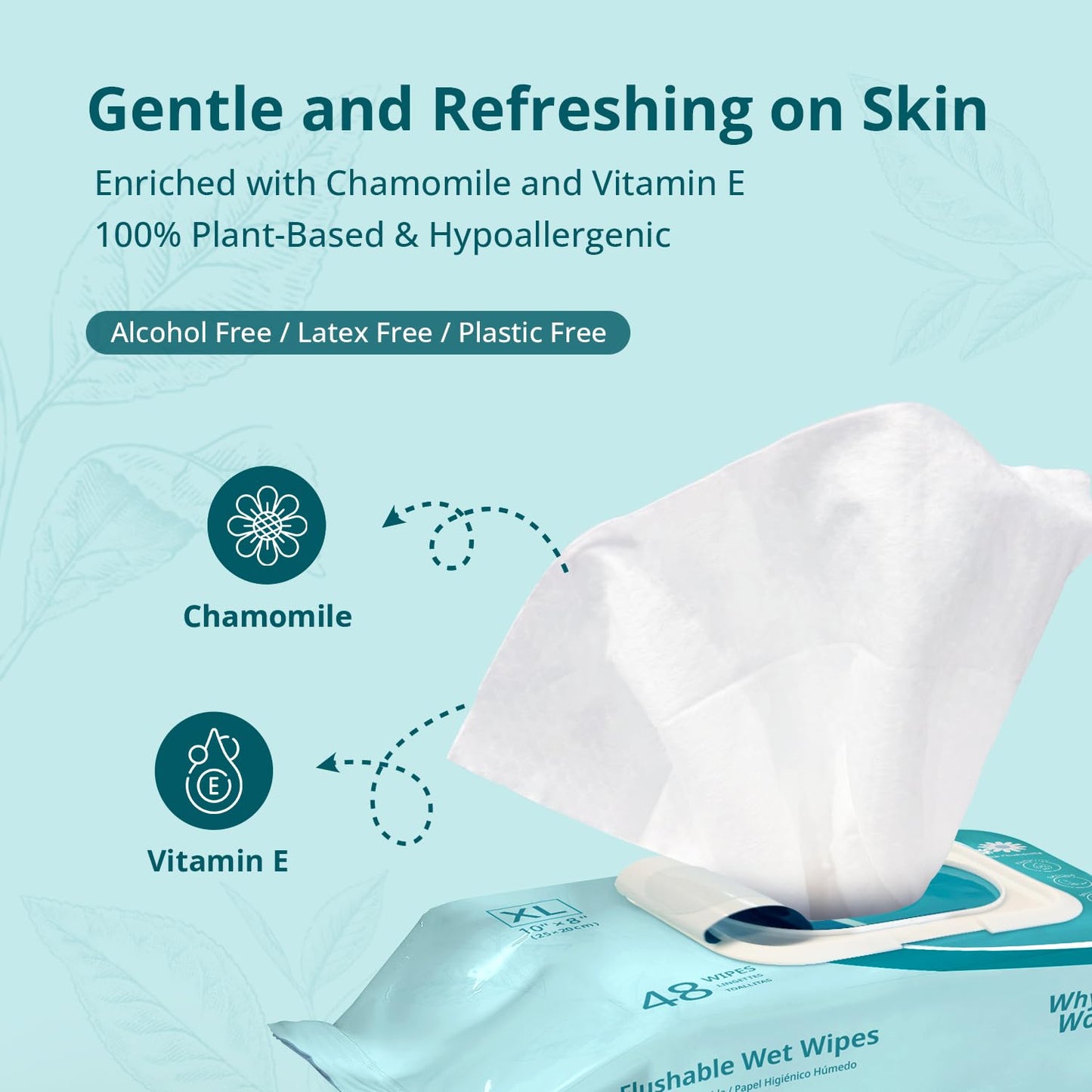 WhyWorry Flushable Wipes for Adults, Extra Large 8"x10" Butt Wipes for Personal Hygiene & Cleansing, Chamomile and Vitamin E, 100% Plant-Based, Septic & Sewer Safe, Unscented, 384 Count (8 Packs)