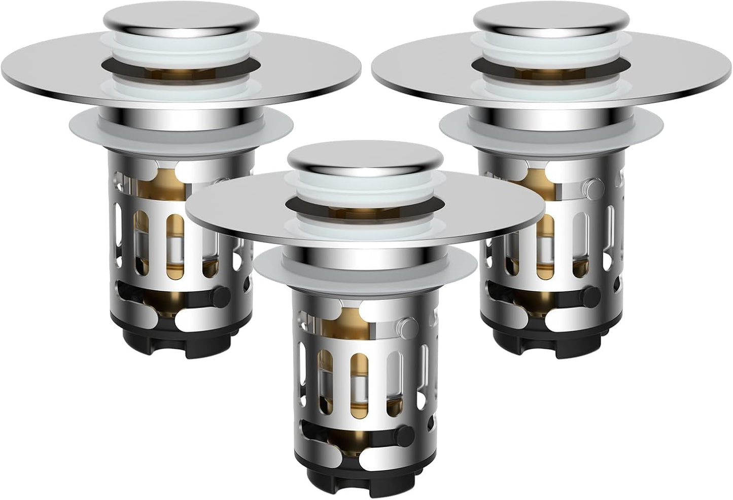 Hibbent 3 Pack Upgraded 3 in 1 Bathroom Sink Drain Strainer, Universal Pop Up Stopper with Removable Stainless Steel Filter Basket Hair Catcher, Sink Plug for 1.1''~2.36'' Basin, Brass Core, Chrome