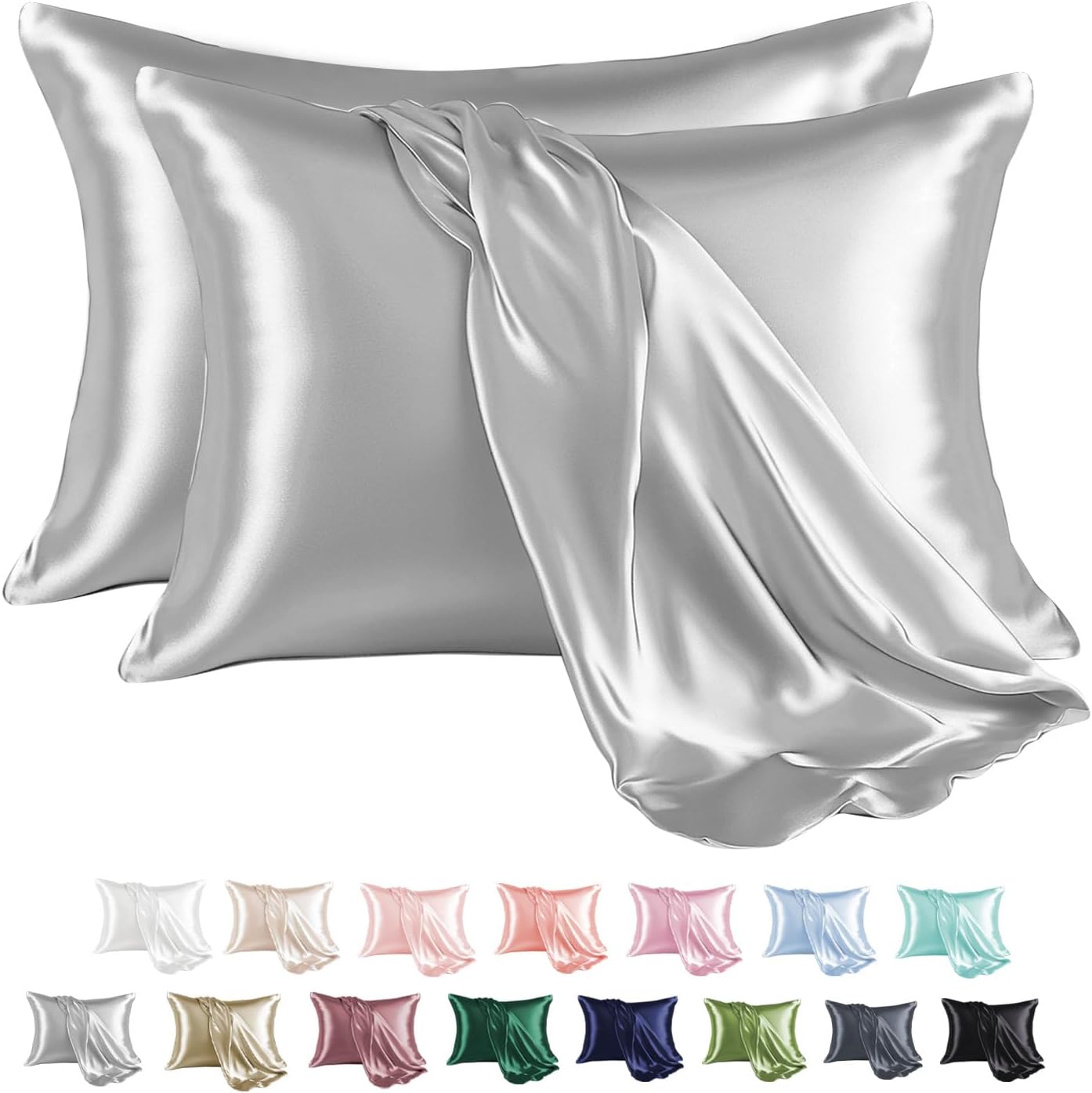 MR&HM Satin Pillowcase for Hair and Skin, Silk Satin Pillowcase 2 Pack, King Size Pillow Cases Set of 2, Silky Pillow Cover with Envelope Closure (20x40, Silver Grey)